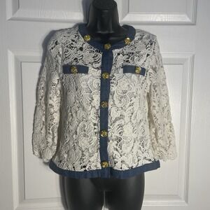 Vintage Michael Simon Lace Shirt Women M Beige Blue Trim Rose Button Y2K Blouse